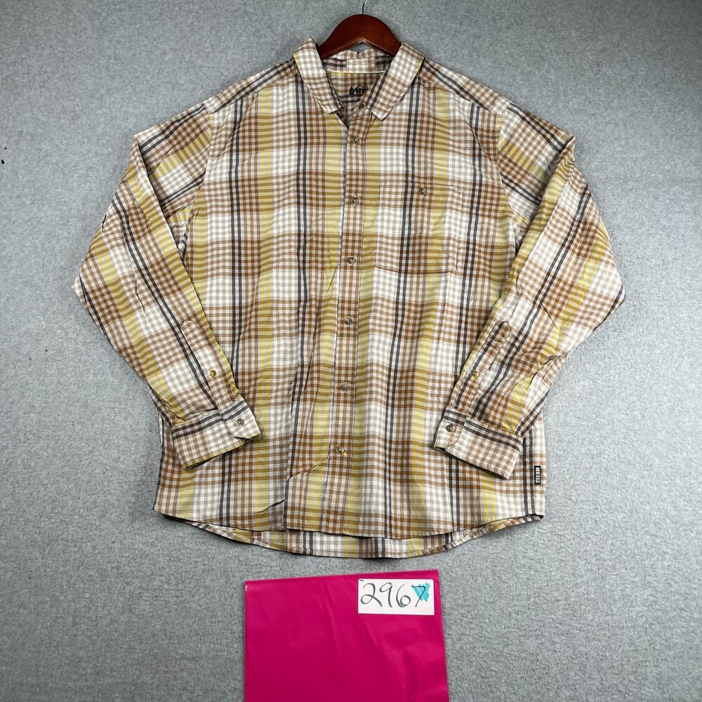 REI Co Op Shirt XL Brown Plaid Casual Outdoor Wilderness Button Up Long Sleeves